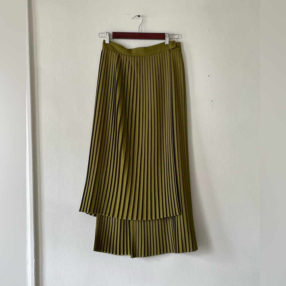 Topshop Green Pleated Midi Skirt
